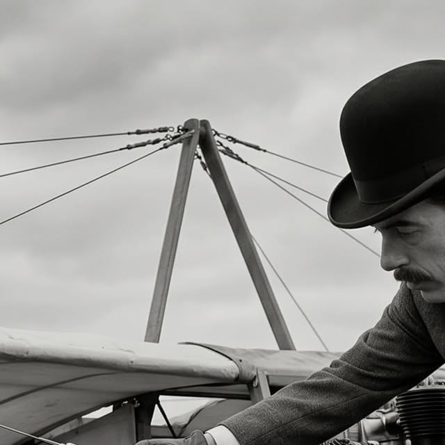 Alberto Santos Dumont junto a una aeronave histórica